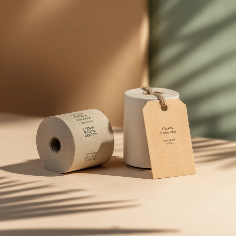 Etiquetas personalizadas adhesivas y de cartón diseñadas para packaging y ropa, fabricadas en imprenta en Valencia con acabados naturales y profesionales.